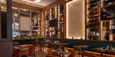 Elegant empty restaurant interior with warm lighting.