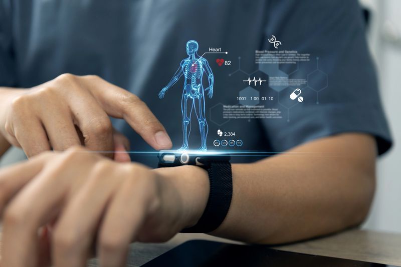 Futuristic health tech, Young man using smartwatch to monitor health data through an augmented hologram, Health tracking application.