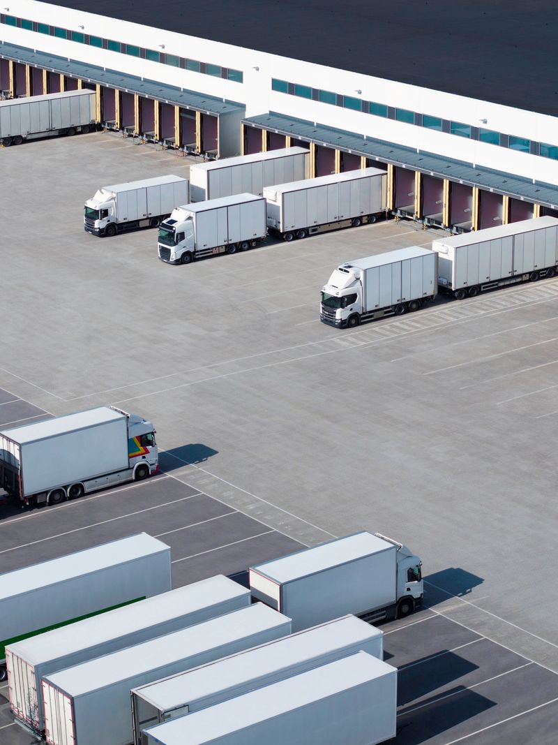 Trucks and trailers at the loading docks of a modern distribution warehouse.