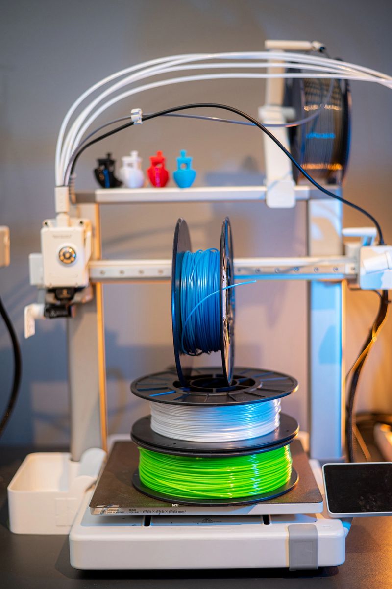 Modern Bambu Lab 3D printers with a stack of colorful filament spools and printed Benchy models in a workshop