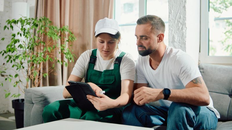Indoor consultation by maintenance expert utilizing tablet for client explanation. Concept of reviewing service results, technician-client communication, home HVAC education, digital documentation.