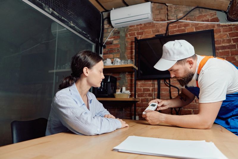 Technician demonstrating air conditioning remote control to attentive customer. Concept of HVAC consultation, home equipment diagnostics, customer communication, pre-installation agreement.