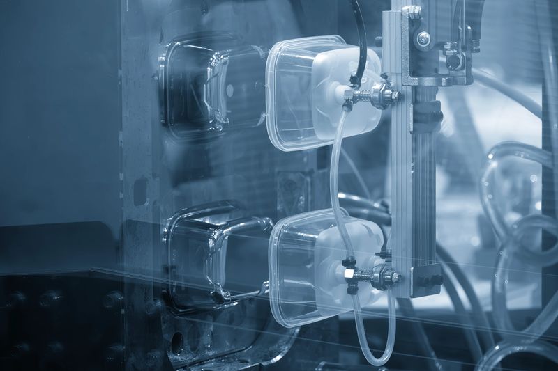 Close up scene material handling process the food container by robotic system from injection machine. The food container box production process by automatic system from plastic injection mold machine.