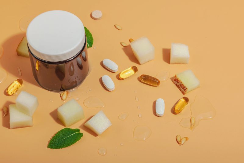 Plant-based supplements, pills, and capsules with melon extract. Natural vitamins and fresh fruit on a vibrant peach background, copy space