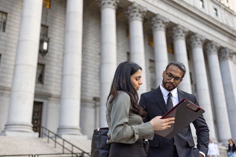 Two professionals, a man and a woman, reviewing documents on a tablet in front of a courthouse.