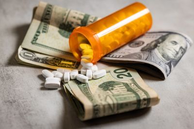 Pills spilling out of a prescription bottle onto U.S. dollar bills.