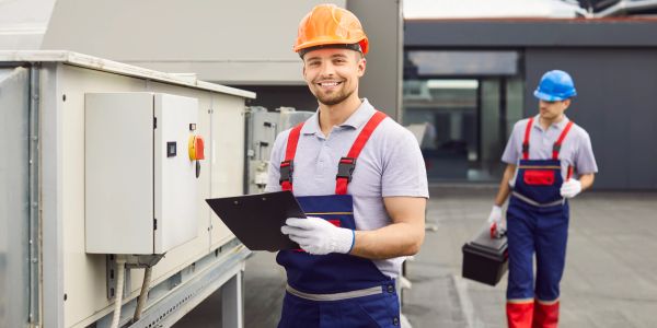Two construction workers inspecting equipment outdoors.