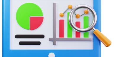 Tablet showing colorful charts with magnifying glass highlighting data.