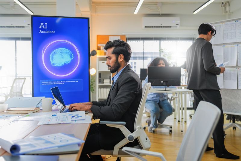 Business professional concentrates in coworking space leveraging AI powered virtual assistant and realtime big data analytics on laptop display for hyper automated workflow intelligence optimization