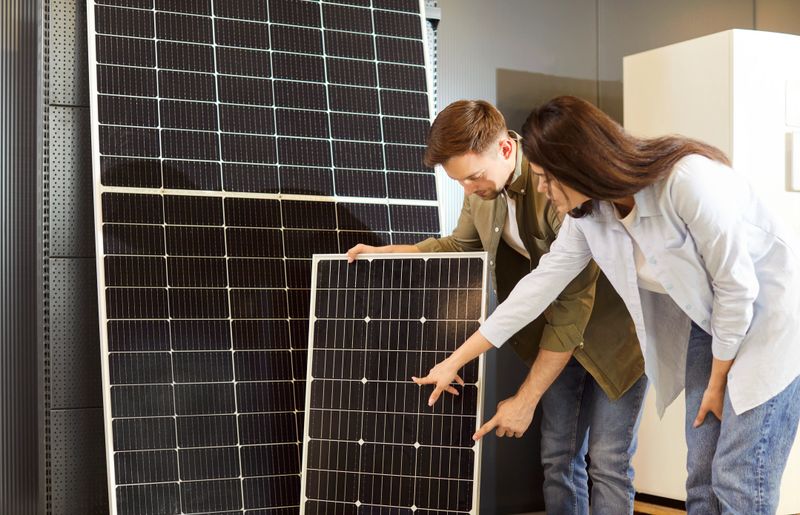 Family couple explores solar energy options, choosing panels in a shop. They are focused on finding an alternative power source, emphasizing their commitment to renewable energy as customers.