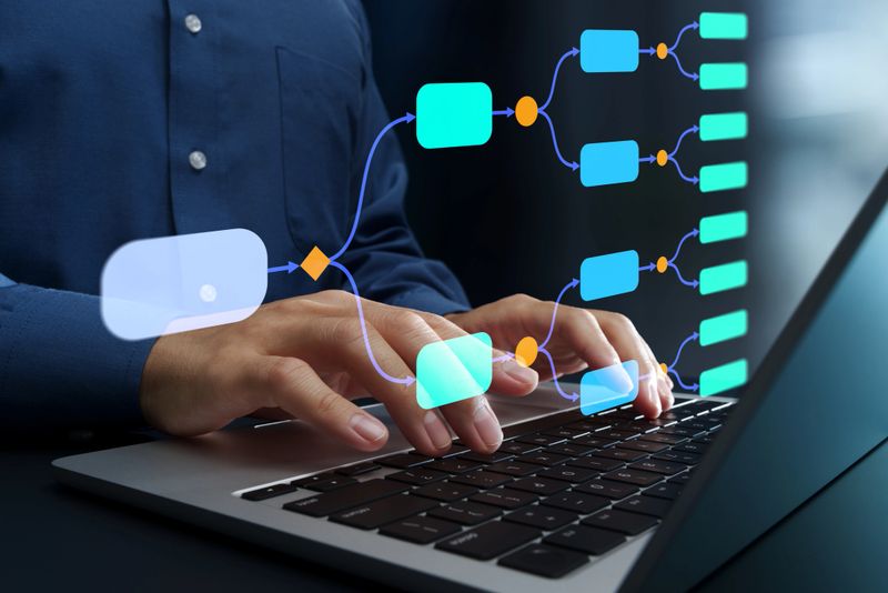 Businessperson using laptop computer to analyze strategy.