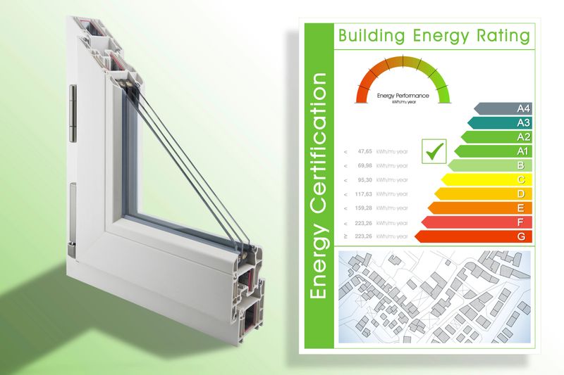 PVC THERMAL CUT WINDOW FOR HIGH ENERGY PERFORMANCE WITH TRIPLE GLASS AND ENERGY RATING CERTIFICATION - Buildings energy efficiency concept with energy certification classes