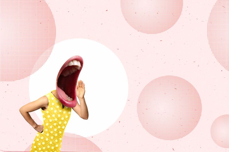 Bright surreal art collage of a woman with a screaming mouth instead of a head. Concept of communication, loud announcement, special offer and expressive message.