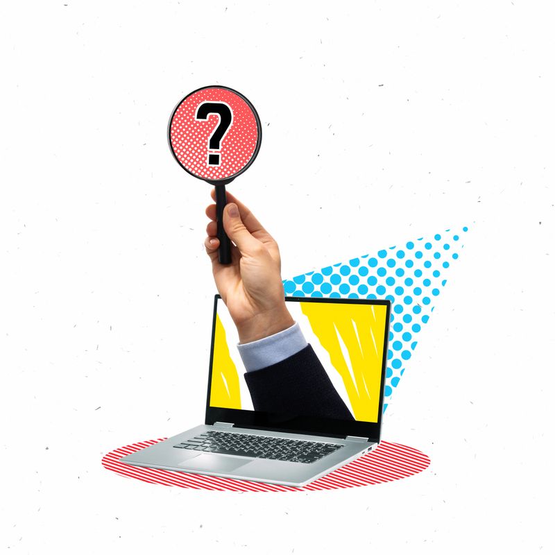 Bright creative art collage showing a laptop with a hand emerging from the screen holding a magnifying glass containing a question mark. Concept of online search and information inquiry.