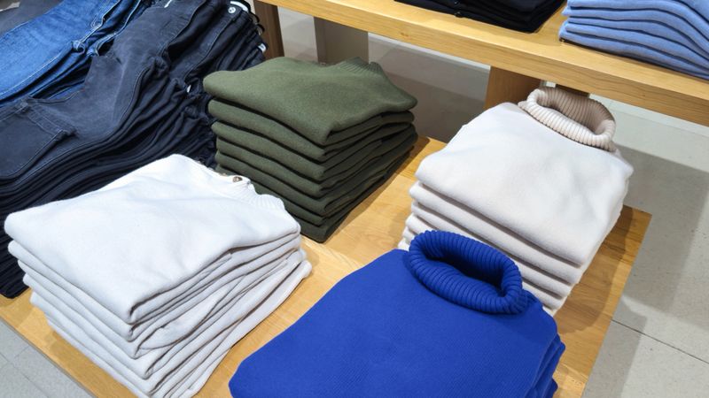 Neatly folded sweaters and knitwear in various colors displayed on wooden shelves in a modern clothing store. Cozy textures, organized stacks soft fabrics create a clean retail fashion presentation