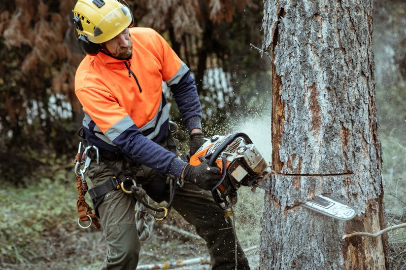 Arborist cutting down a tree with a chainsaw