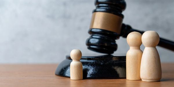 Wooden figures and judge's gavel on table.