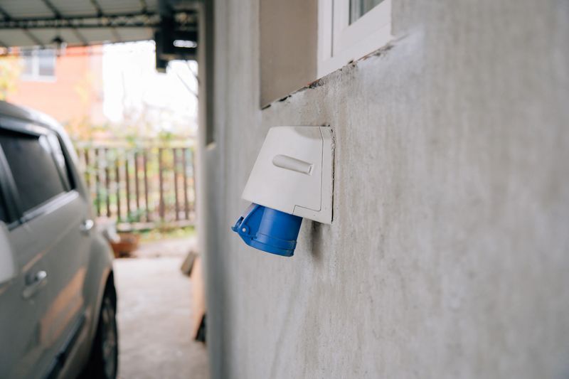 Electric vehicle owner plugs industrial-style power socket into home wall for convenient, energy-efficient residential charging, supporting sustainable, zero-emission driving