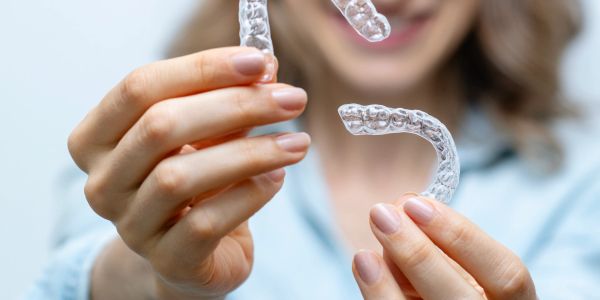 Person holding a pair of clear dental aligners.