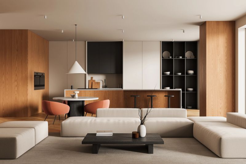 Contemporary interior design of a modern living room and kitchen with wood textures, minimalist furniture and soft lighting on neutral background. 3D Rendering