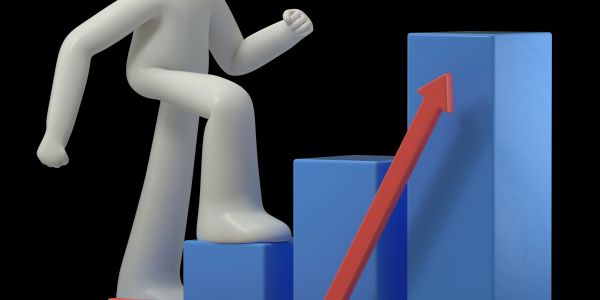 Figure climbing blue bars with red upward arrow.