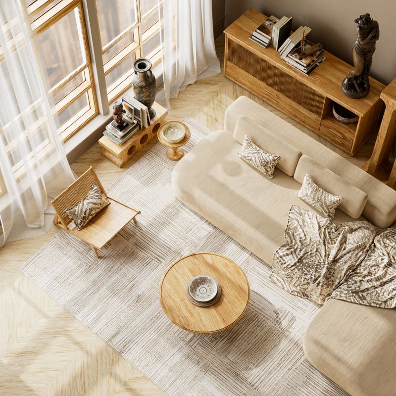 Bright Japandi living room interior featuring soft beige tones, wooden furniture, natural light, and cozy minimalist decor, creating a warm and harmonious atmosphere, ideal for interior design inspiration or branding presentation. 3D illustration.