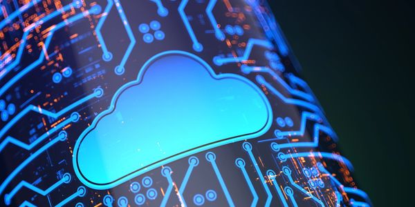 Blue cloud icon with digital circuitry background.