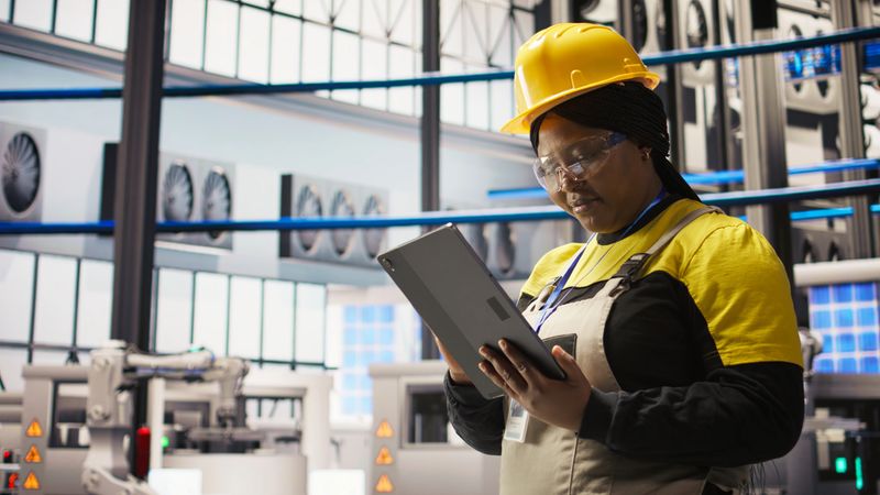 Smiling engineer in smart factory performing predictive maintenance using tablet, analyzing IoT sensor data. Industrial plant worker managing operational reliability of photovoltaic systems, camera A