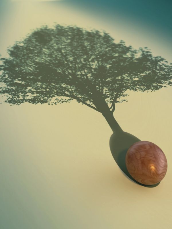 A wooden egg casting a shadow that looks like a tree.