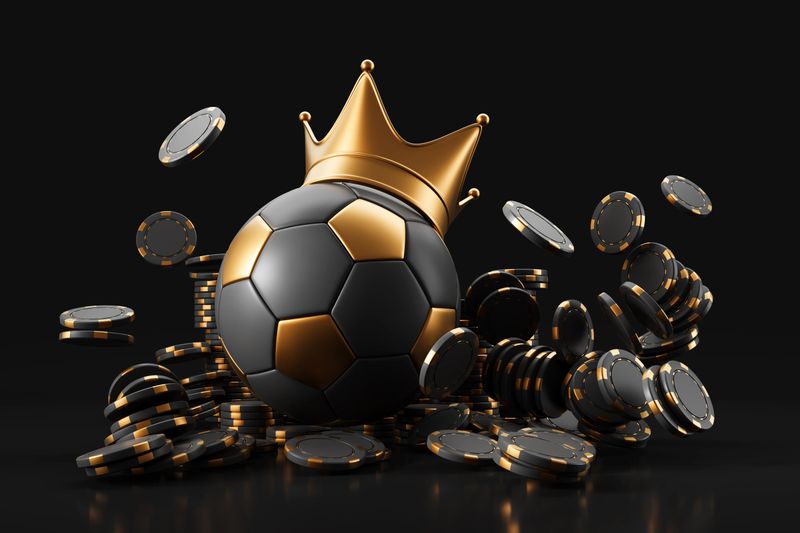 Luxurious soccer ball with golden crown among falling casino chips, metallic style, dark background. Concept of sports betting, gambling, bookmakers. 3D Rendering