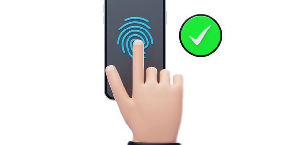 A hand using fingerprint authentication on a smartphone with a green check mark.