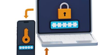 Illustration of two-factor authentication using phone and laptop.