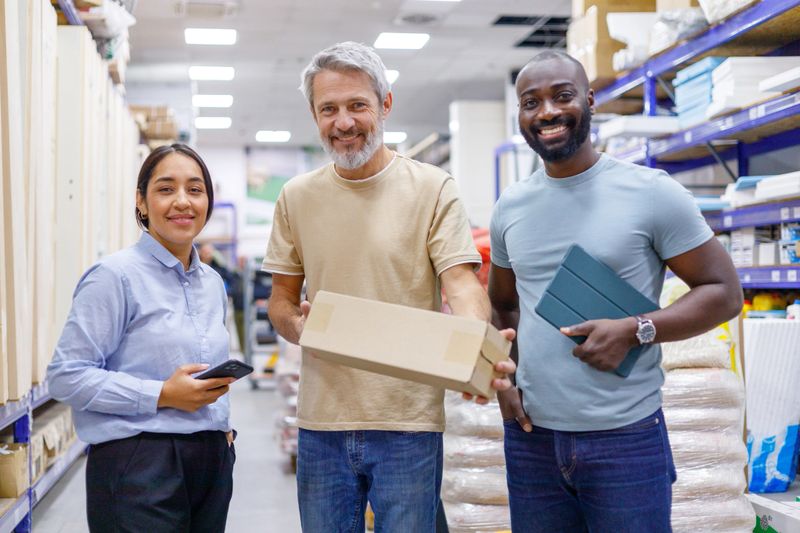 Three smiling adult colleagues delivering a package, handling logistics and managing inventory in a bright warehouse environment