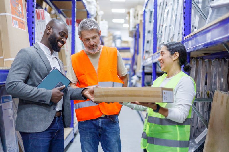 Warehouse manager and workers inspecting a package in a large distribution center, ensuring efficient supply chain operations