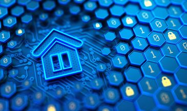 Digital home security concept with blue house icon and hexagonal lock symbols.