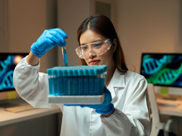 Female scientist examining test tubes filled with blue liquid in a lab.