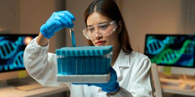 A woman in a lab coat and gloves is filling test tubes.