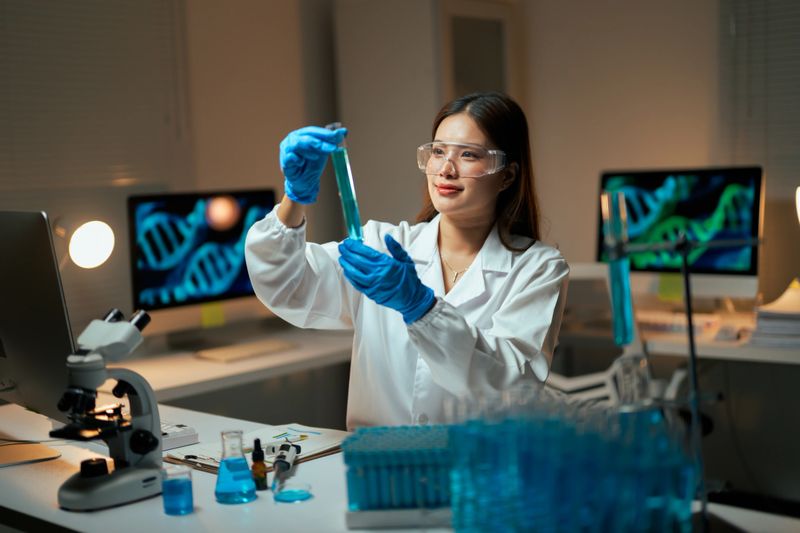 Young adult woman scientist working in a modern laboratory, holding a test tube with blue liquid, researching genetics and chemistry