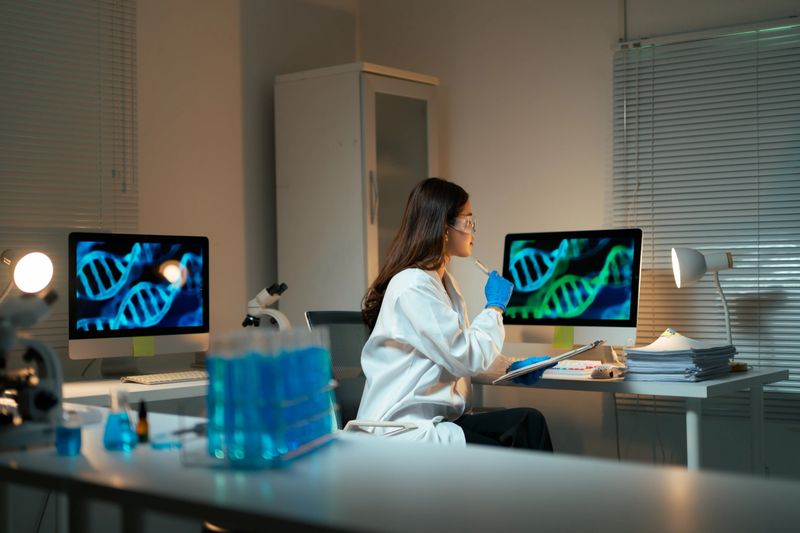 Young woman scientist in protective eyewear and gloves working on genetic research, analyzing DNA sequences on a computer screen