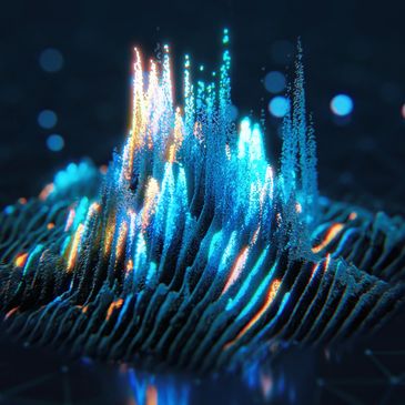 Abstract luminous digital spikes rising from a dark base.