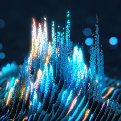 Abstract glowing blue and orange digital spikes in a dark environment.