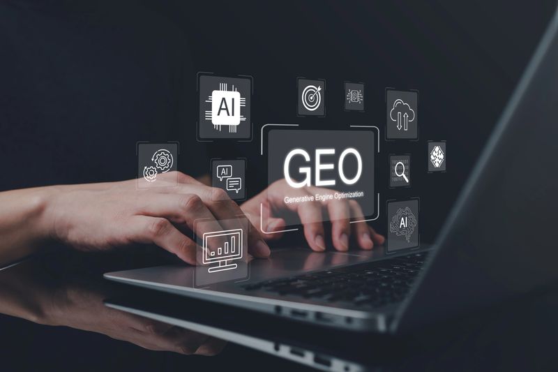 Close up of hands typing on laptop with floating GEO generative engine optimization graphics and AI technology icons, symbolizing digital strategy, innovation, and advanced data driven optimization.