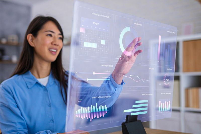 Woman Using Futuristic Transparent Monitor to Control Smart Home System
