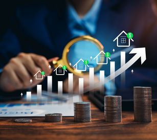 Magnifying glass over rising coins and graph showing real estate investment growth.