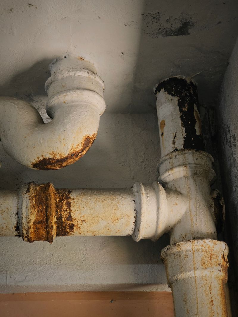 Close-up of old, industrial metal pipes painted white showing severe rust, corrosion, and decay on a grungy basement or utility room ceiling. This image depicts themes of aging infrastructure, maintenance issues, and industrial decay