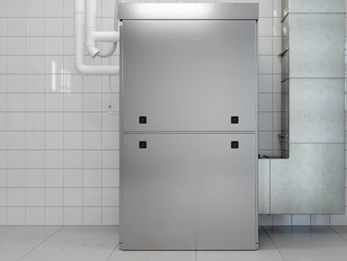 Modern HVAC unit installed indoors against tiled wall.