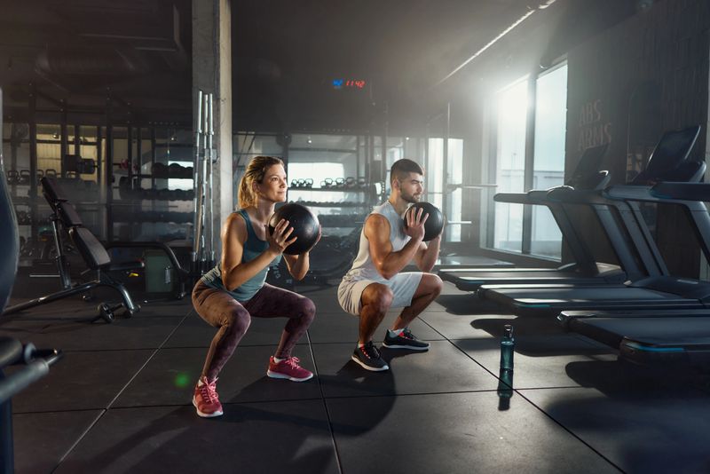 Determined couple of athletes exercising squats with medicine ball during sports training in a gym. Copy space.