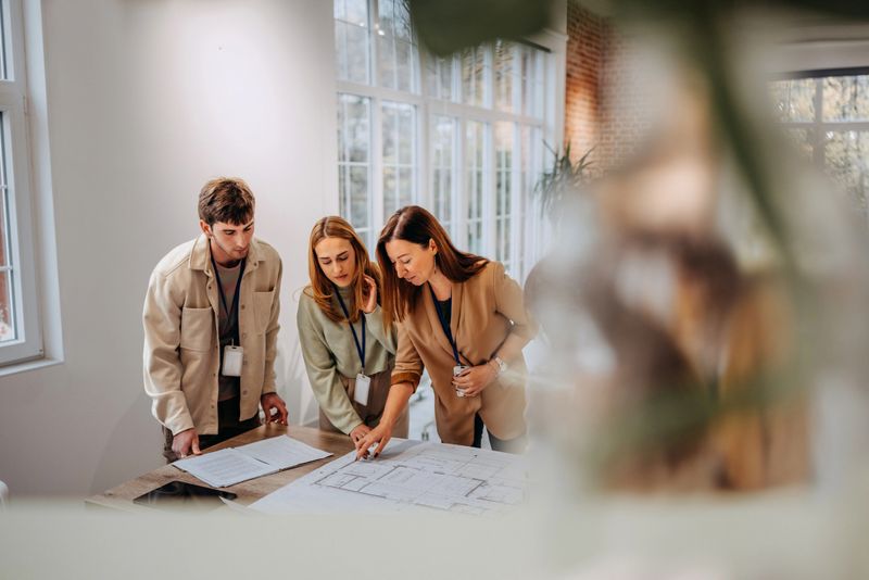 Team of architects working on construction plans in meeting room. Engineers discussing on project in office.