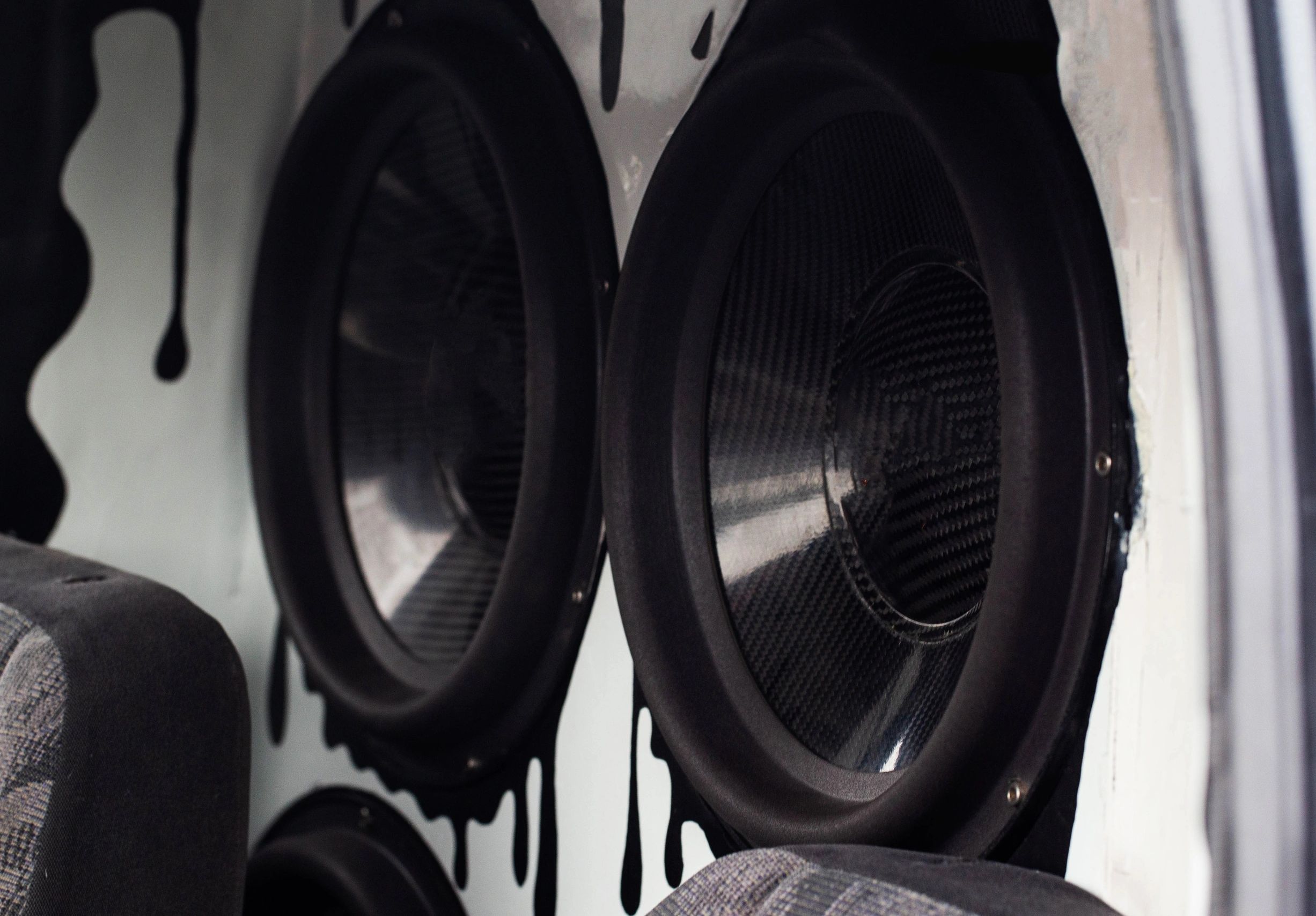Pair of subwoofers installed in a vehicle