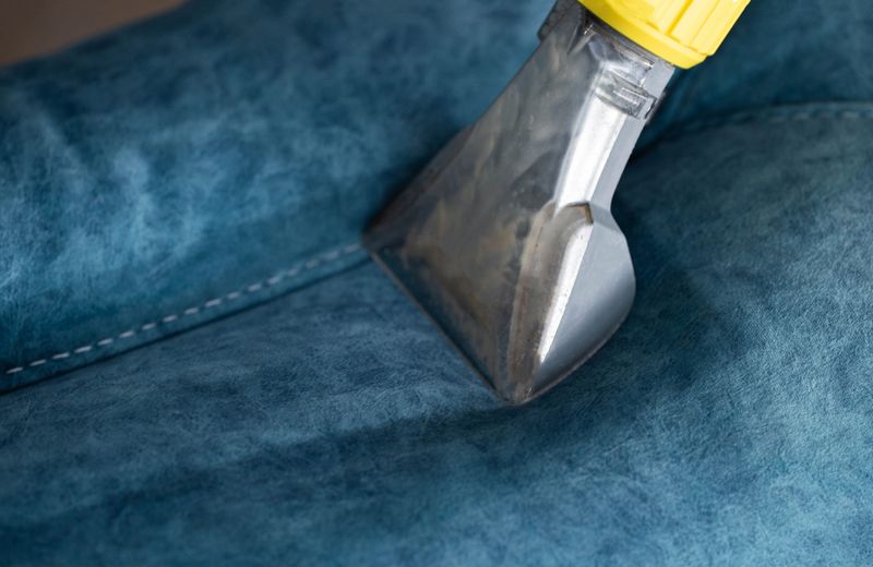 A professional cleaning tool is used to clean a blue upholstery surface in a bright room. The focus is on deep cleaning with precision and care. The environment is tidy and airy.